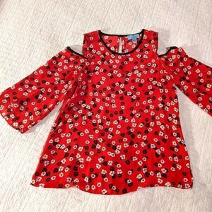 CeCe Ditsy Red Floral Cold Shoulder Blouse Size XS